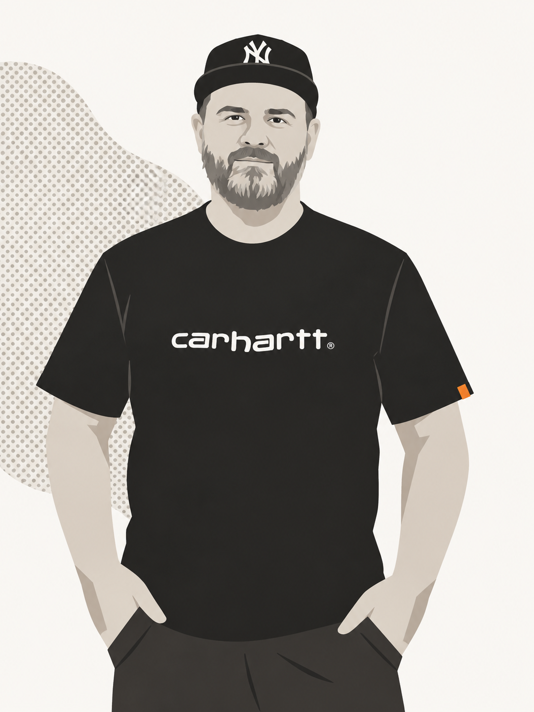 Benjamin Kott, drawn: cap, beard, hands in the pockets