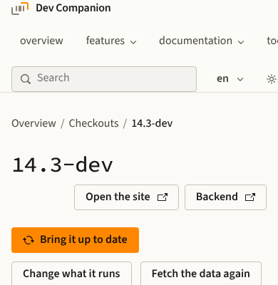 The page of the checkout 14.3-dev on a phone. The actions, and a warning that the build is two commits behind.