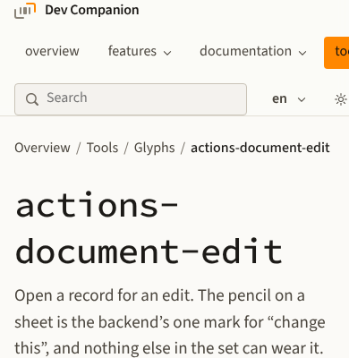 The page of the glyph actions-document-edit on a phone. Its name, what it means, and the versions it is in.