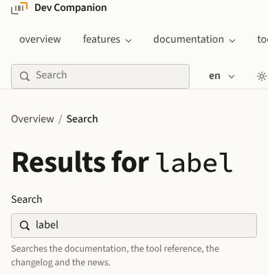 The search page on a phone. The results for label, the filters by kind, and the first hit.