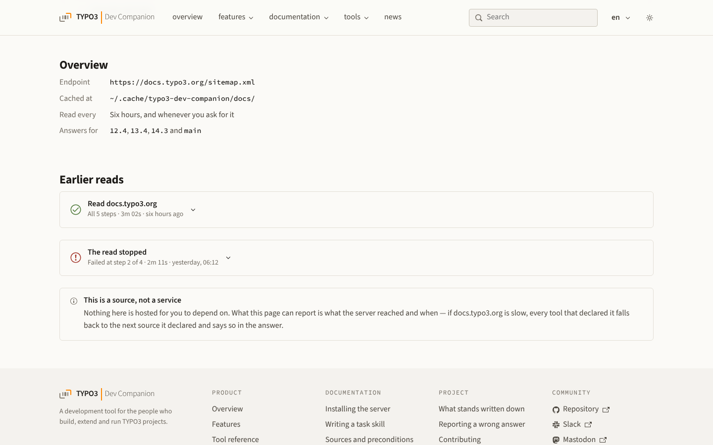 The page of the source docs.typo3.org at its lower half. An overview, then two folded rows under Earlier reads, then a note: this is a source, not a service.